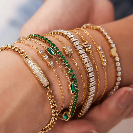 18k Gold Plated Stainless Steel Green Cubic Zirconia Dainty Snake Butterfly Tennis Link Chain Bracelets