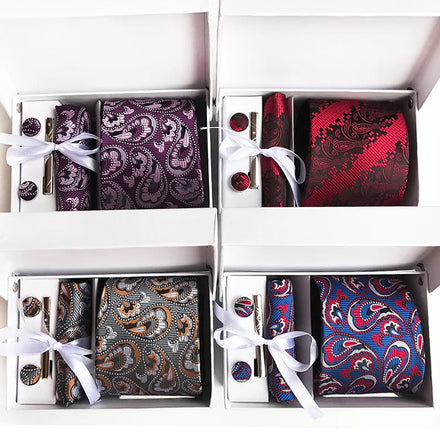 Shengzhou Mens Tie Pin and Cuff Link Sets Paisley Tie Pocket Square and Cufflinks Set Gift Set Box for Shirt and Tie