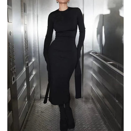 Fall Winter Long Sleeve Knitted Dress Women'S Solid Color Black Dress O Necked Warm Casual Basic Dresses