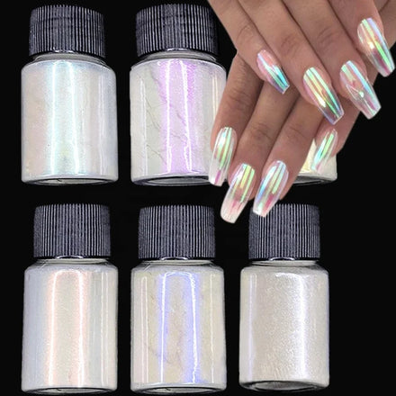 1Jar Aurora White Pearl Nail Art Powder High-Gloss Polarized Mermaid Chrome Pigment Chameleon Manicure Rubbing Mica Dust