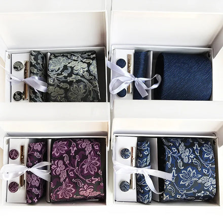 Wholesale Tie and Hanky Sets Men's Polyester Woven Tie Sets Clip Necktie Carvat Set for Wedding Party Business