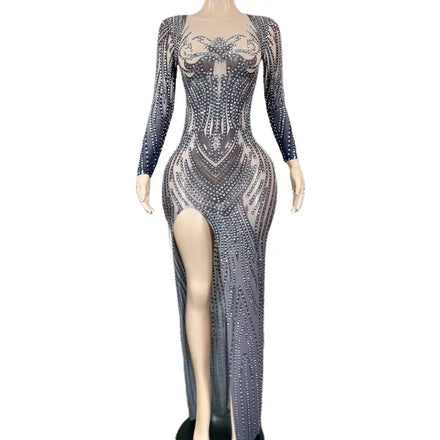Luxury Long Sleeve Rhinestone Bodycon Wedding Birthday Dinner Gown Plus Size Women Sexy Club Dress Long Prom Evening Dress