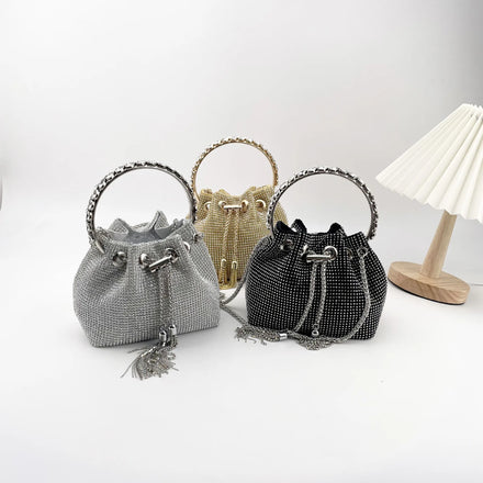 2022 New Design Luxury Bling Women Bucket Rhinestone Hand Bag Evening Metal Fringe Sequin Handbags
