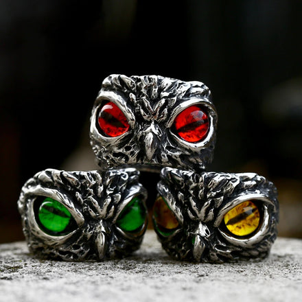 OLAN Wholesale Fashion Jewelry Vintage Owl Design Gemstone Inlay Stainless Steel Rings for Men