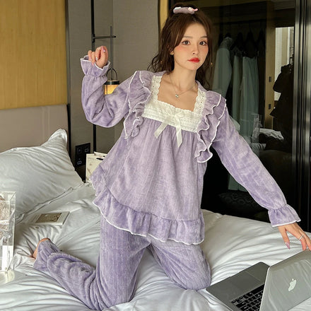 Cute Female Pajamas Women Set New Design Winter Fleece Flannel Princess Ladies Printed Women's Sleepwear