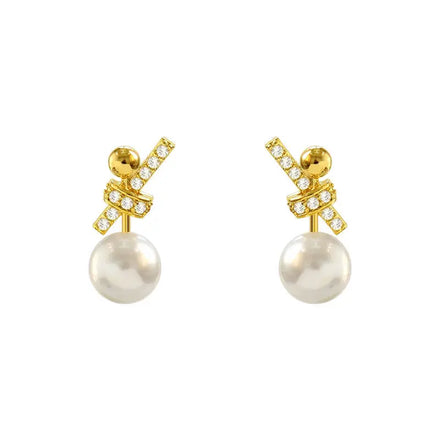 Trendy Bo-W Pearl Huggie Earrings with Zircon 925 Silver Plated Alloy Main Material Tempered Huggie Style