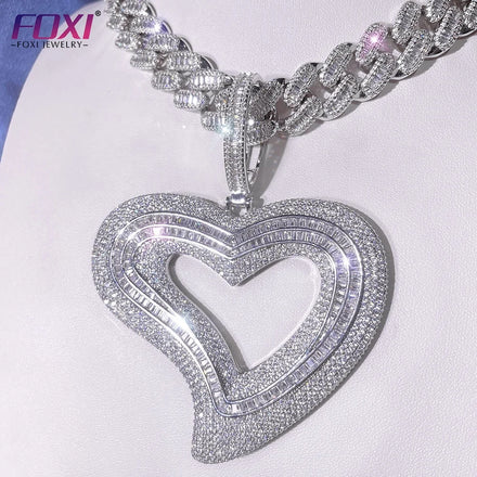 Tarnish-Free Big Size Full Zircon Hollow Iced Out Heart Pendant Hip Hop Bling Box Chain Necklace for Gift