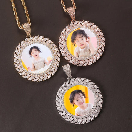 Custom Cubic Zirconia Photo Medallion Bling Bling Charm Personality Leaves Necklace HIP HOP PENDANT Memory Pendant Necklaces