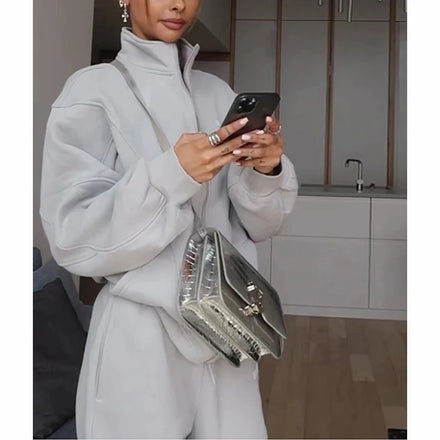 Custom Women's Sweat Suit Two Piece Zip up Hoodie and Jogger Set Causal Sportswear Fleece 2 Piece Set Women Oversized Hoodie