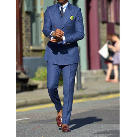 Dark Blue Formal Mens Suits Two Pieces Peaked Lapel Wedding Tuxedos Groom Wear Ensemble Veste Homme Mens Clothing Jacket Pants