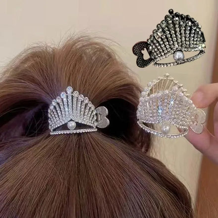Trendy Women's High Ponytail Hair Claw Clip Small Mini Sweet Crown Pearl Rhinestone Grip High Horsetail Back Metal Hair Claws