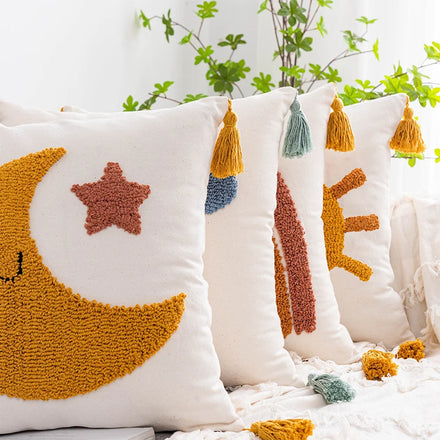Amity INS Boho Rainbow Embroidery Tassel Sofa Bed Pillow Cover for Home Decor 18 X 18 Inch Cushion Cover