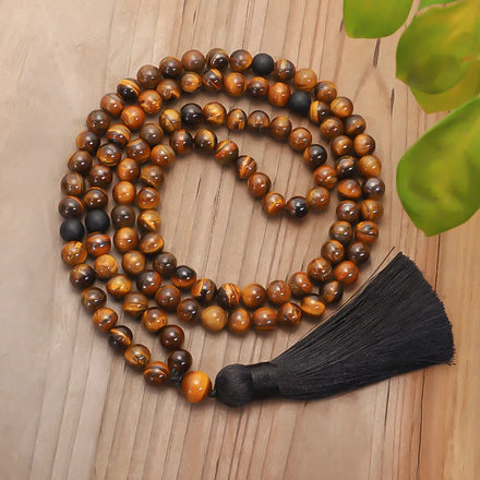 Hot Natural Tiger Eye Crystal Stone 108 Mala Beads With Black Tassel Necklaces Handmade Yoga Sweater Chain Jewelry