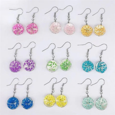 Handmade Glass Ball Flower Dangle Earring Party Jewelry Natural Dried Flowers Drop Earrings