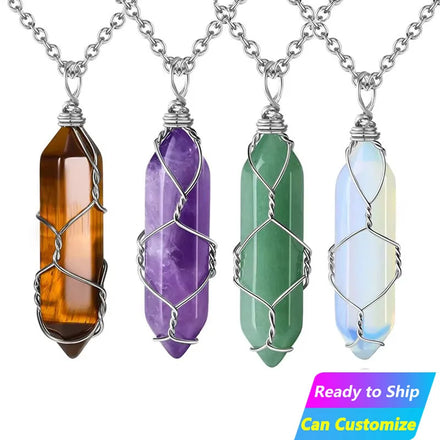 Raw Gemstone Amethyst Obsidian Hexagonal Garden Quartz Gold Natural Stone Crystal Bullet Copper Wire Wrapped Pendant Necklaces
