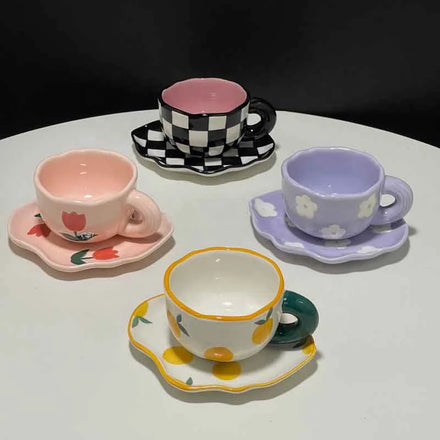 Personalized Hand Painted Tulip Orange Flower Ceramic Cups and Saucers Creative Coffee Cup Saucer