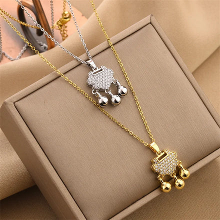 Gold Plated Longevity Lock Necklace Chinese Carming Stainless Steel Longevity Lock Women Necklace