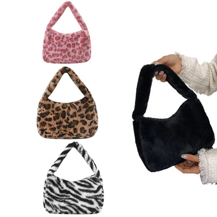 Retro Leopard Print Bags for Women Soft Plush Shoulder Bags Female Large Capacity Travel Bag Winter Warm Fluffy Totes