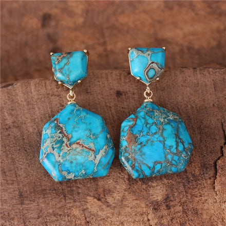 Popular Jewelry Luxury Turquoise Color Imperial Jasper Drop Earrings Bohemian Women Elegant Bold Geometric Gold Stud Earrings