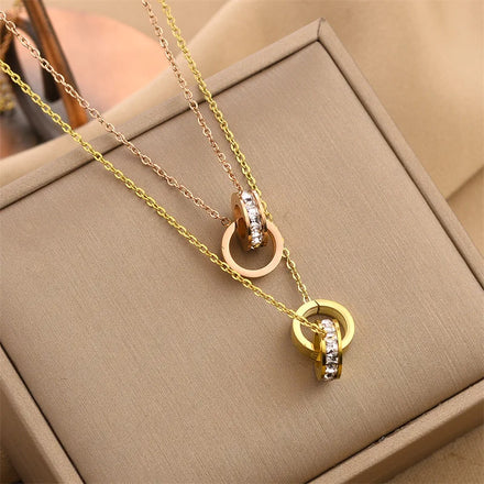 New Trend Interlocking Rings Necklace Gold Plated Stainless Steel Double Rings Pendant Necklace Women Girls