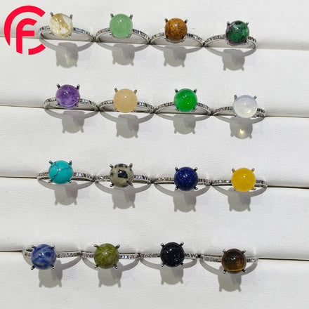100% Natrual Crystal Amethyst tiger Eye Round Gemstone Ring for Women Cooper Plating Silver Adjustable Colorfast Ring Gift