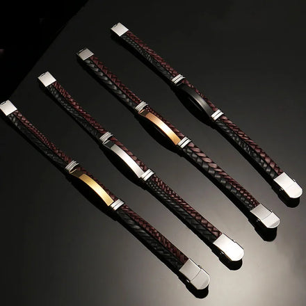 Vintage Engraved Words Bracelet Braided Woven Bracelet Stainless Steel Leather Bracelet for Men