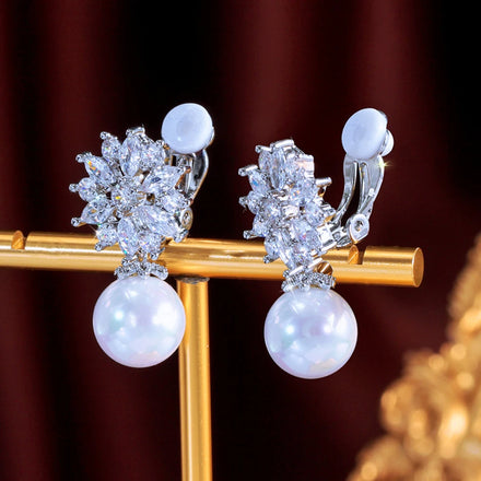 Fashion Cubic Zirconia Stone Pave Jewelry Ear Clip on Non Pierced CZ Crystal Wedding Flower Pearl No Hole Earrings for Women
