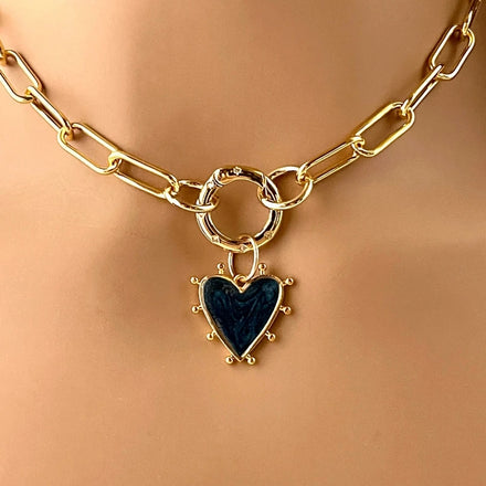 NM42777 Gold Plated Paperclip Chain Necklace With Black Enamel Heart Pendant Cubic Zirconia Pave Spring Clasp