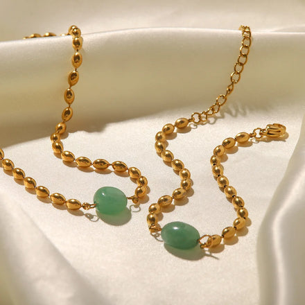 Stainless Steel 18K Gold Plated Jewelry Set Green Natural Stone Oval Agate Bead Bracelet Necklace Set Fashionable Jewelry