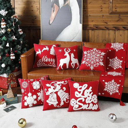 Wholesale Pure Cotton Embroidered Christmas Sofa Cushion Cover Cartoon Elk Snowflake Christmas Pillow Cover