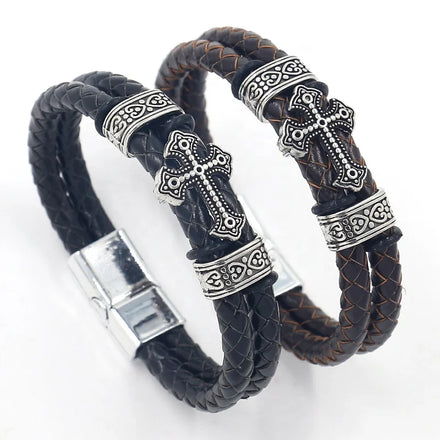 Personalized Jewelry Leather Bracelet Vintage Alloy Cross Genuine Leather Braided Rope Magnetic Snap Bracelets for Men
