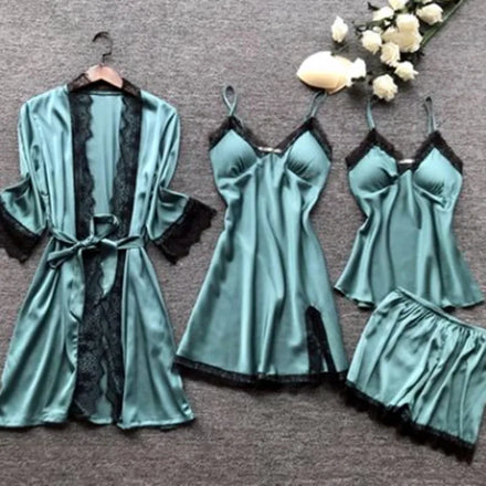 Women's Underwear Pajamas Sets Lingerie Dress Sexy Silk Satin Robe 4pcs Sleepwear Cami Top Stain Pjs for Women
