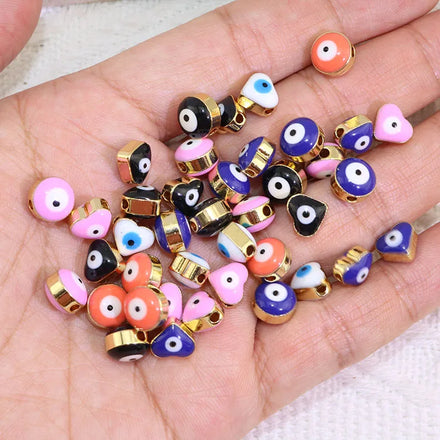 JS1653 18K Gold Plated Rainbow Colorful Enamel Brass Metal Evil Eyes Heart Round Spacer Beads for Jewelry Making