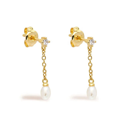 Milskye Girls Elegant Jewelry Gold Plated Small Diamond Natural Freshwater Pearl Chain Drop Earrings