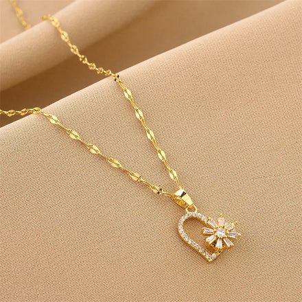 New Arrival Gold Plated Flower Heart Pendant Necklace Delicate Crystal Flower Stainless Steel Heart Necklace