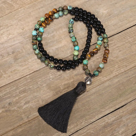 Natural Tiger Eye African Stone Beaded 108 Mala Crystal Prayer Beads Necklace Handmade Sweater Chain Men Jewelry With Tassel