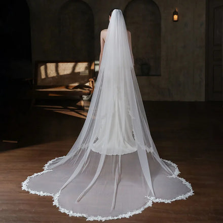 SLBRIDAL Two-Layers White Lace Flower Cathedral Bridal Veils With Combs Wedding Veils Wedding Wear Accessories for Bride Mariage
