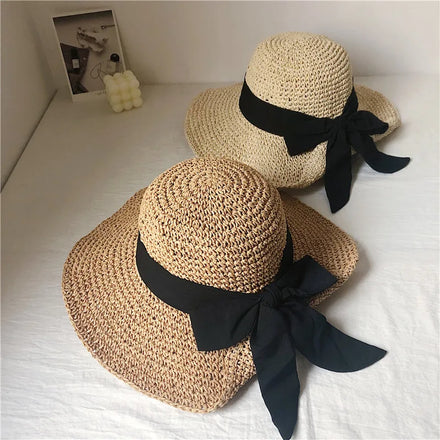Versatile Sunscreen Straw Hat Hand Made Bowknot Sunshade Hat With Large Brim and Small Beach Hat