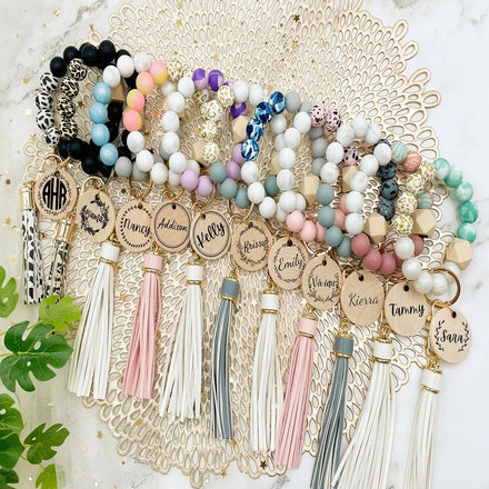 Hot Sale Wood Disc Blank Pu Tassel Cow Leopard Beads Boho Wristlet Natural Flora Silicone Bracelet Keychain