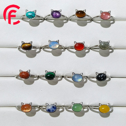 100% Natural Stone amethyst red agate green agate Cat Ring for Women Crystal Quartz Gemstone Adjustable Opening Ring Jewelry