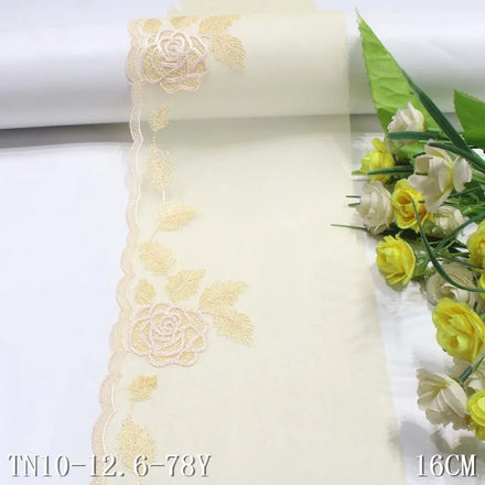 16cm Light Yellow Tulle Vivid Rose Embroidery Border Lace Trim Laces Fabrics for Women Girls Little Dresses