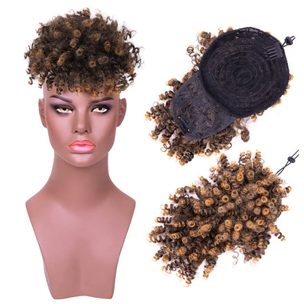 AliLeader Drawstring Afro Puff Ponytail Extensions Short Curly Puff Ponytail Bun with Bangs Clip in Updo Hairpiece for Women