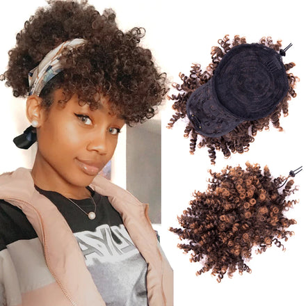 Afro Puff Drawstring Hair Bun with Kinky Curly Hair Clip in Bangs Short Ponytail Hair Extensions Updo Hairpieces for Black Women