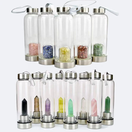 Wholesale Natural Gemstone Drink Healing Stones Crystal Point Infused Elixir Glass Crystal Water Bottle