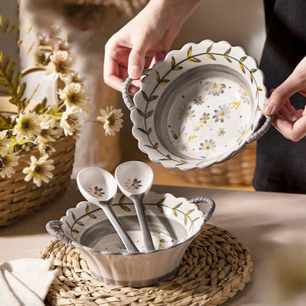 INS Style 540ML Ceramic Soup Bowl Set With Spoon Ramen Noodle Salad Mixing Bowl With Handle Home Restaurant Tableware Microwave