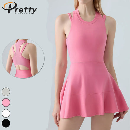 Women's Tennis Skirts Yoga Jumpsuit Running Sets Badminton Suits Summer Fitness Wear Open Back Tennis Dress Flared Skirts