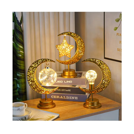 New EID Mubarak Ramadan Decor Islamic Gift Metal Crafts LED Battery Moon Star Table Ramadan Lamps for Ramadan Decorations