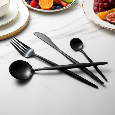24pcs Portugal Wedding Cutlery Set Black Stainless Steel Flatware Silverware for Food and Coffee Spoon and Fork Set 24pcs Set