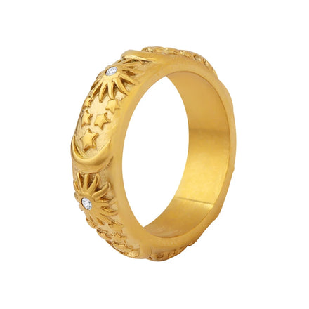 Luxury Zircon Embossed Star Moon Ring Shining Zircon Stainless Steel Jewelry Ring