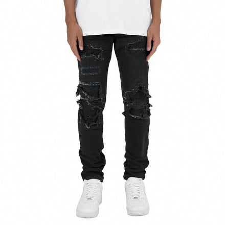 Wholesale Black Patch Denim Streetwear High Street Casual Ripped Damaged Distressed Designer Slim Fit Pants Stretch Men's Jeans